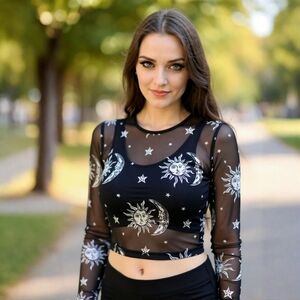 Sheer Celestial Mesh Crop Top ✦ Sun Moon Star Print ✦ Long Sleeve Stretch Fit